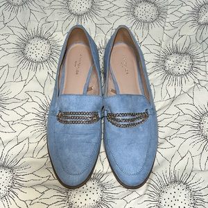 Ann Taylor Factory Baby Blue Suede Loafers with gold chains